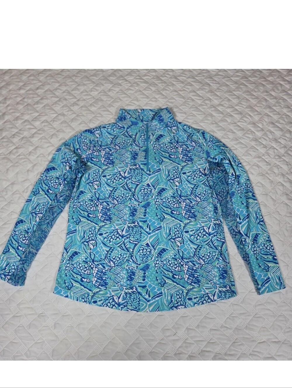 IBKUL Long Sleeve Zip Mock Neck Top in Krista Blue UPF 50+ Size Large
